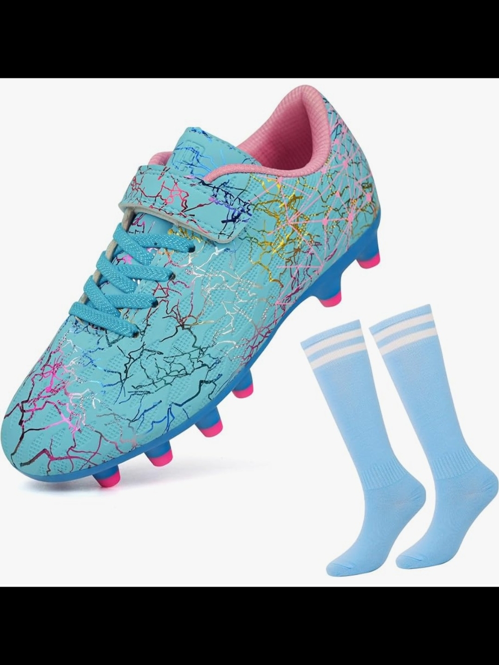 Kids Light Blue Soccer Cleats with Pink Accents